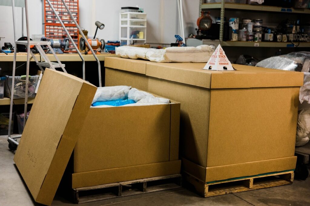 Packed refurbished laboratory instruments prepared for delivery.