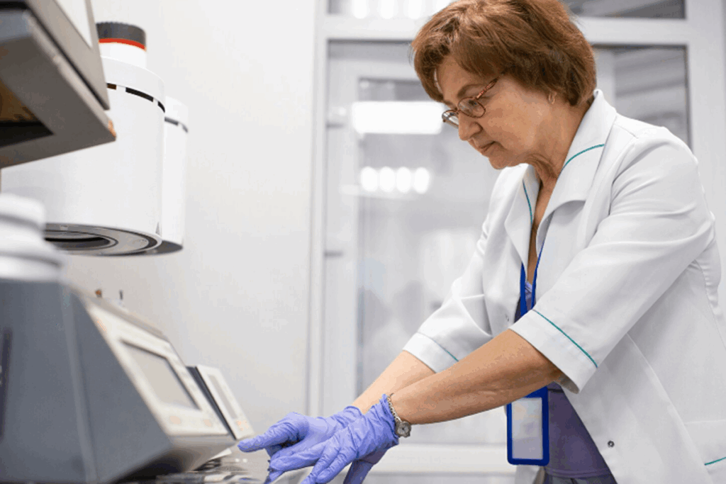 Woman working with refurbished lab equipment.